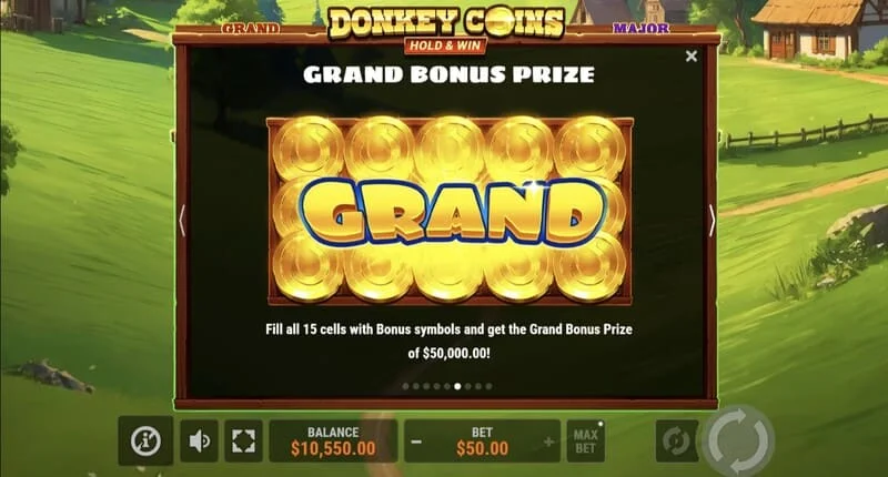 Donkey Coins Hold & Win - ekran z jackpotami Mini, Minor, Major, Grand