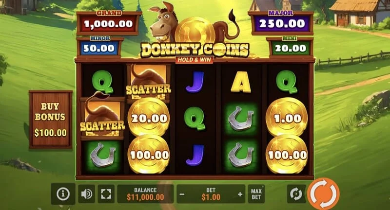 Donkey Coins Hold & Win - główny ekran z bębnami